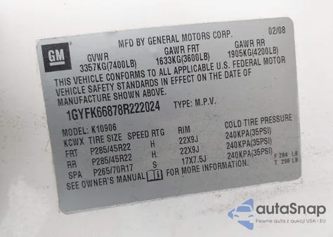 2008 Cadillac Escalade Esv Standard z USA, uszkodzony, nr VIN 1GYFK66878R222024